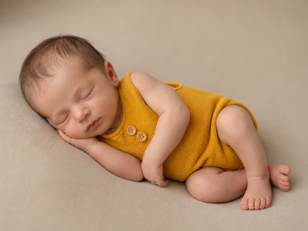 Newborn baby in a yellow outfit sleeveless stitch romper. Newborn photography clothing