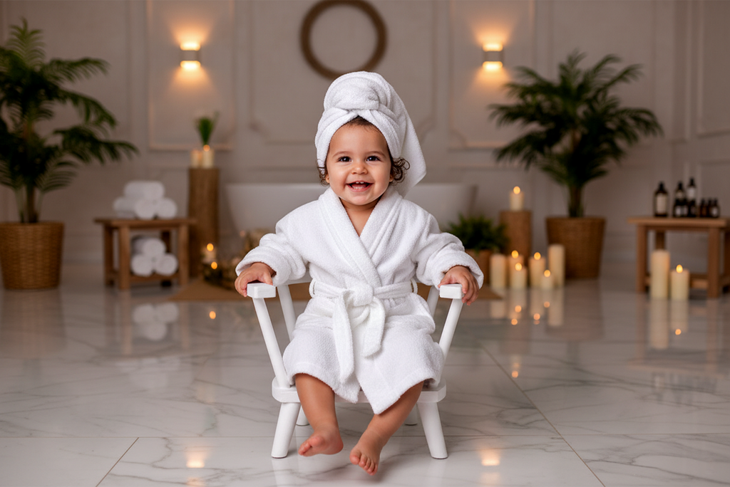 Smiling baby in spa robe on white Wooden Orbit Chair, a cozy baby photography prop in spa-themed photoshoot setting.