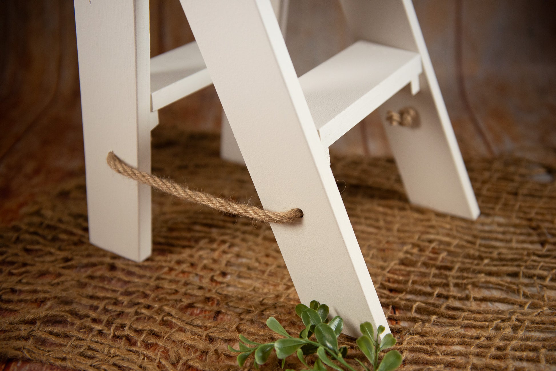 White wooden step ladder mini with natural rope detail for baby and kids photography