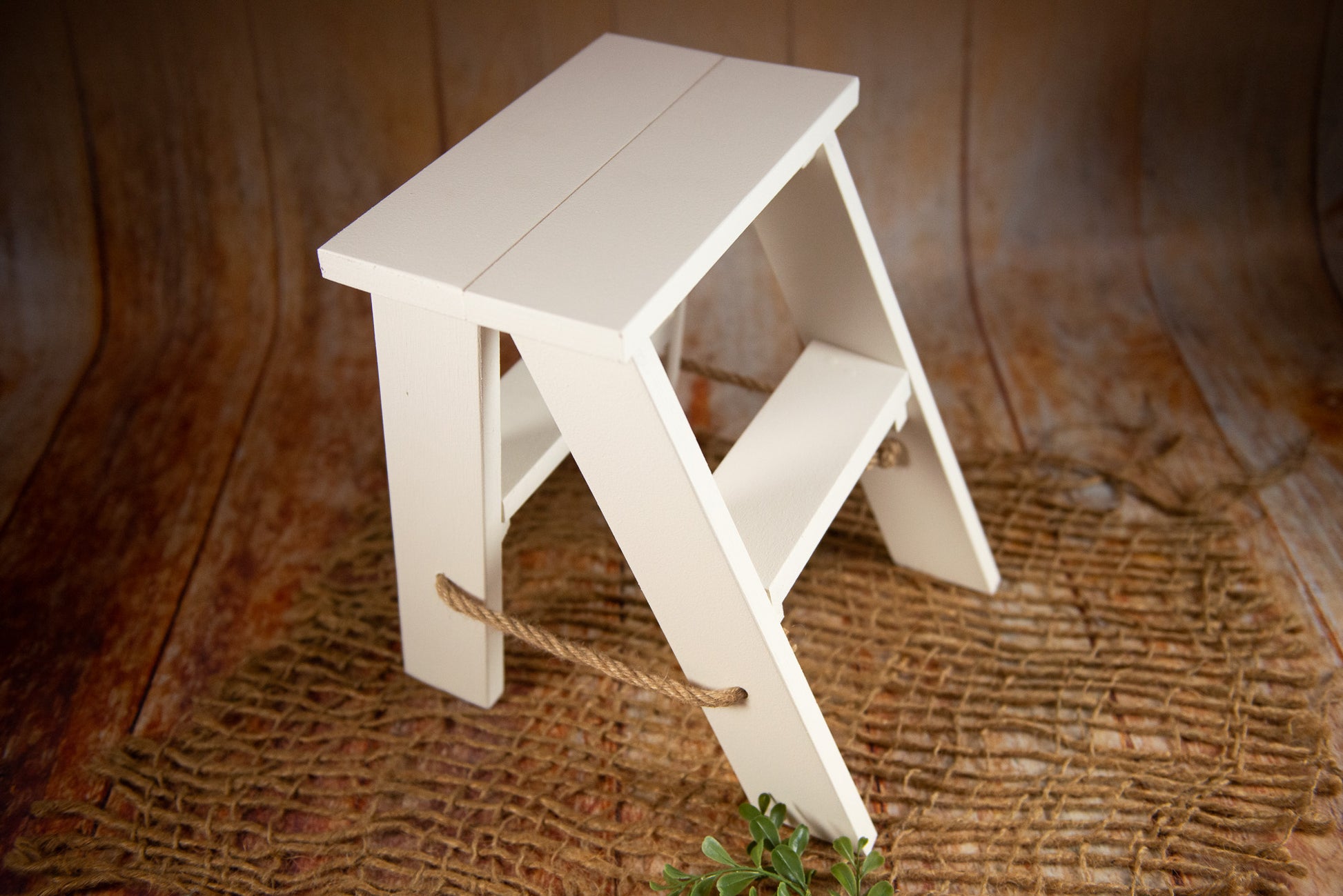 White wooden step ladder mini with natural rope detail for baby and kids photography