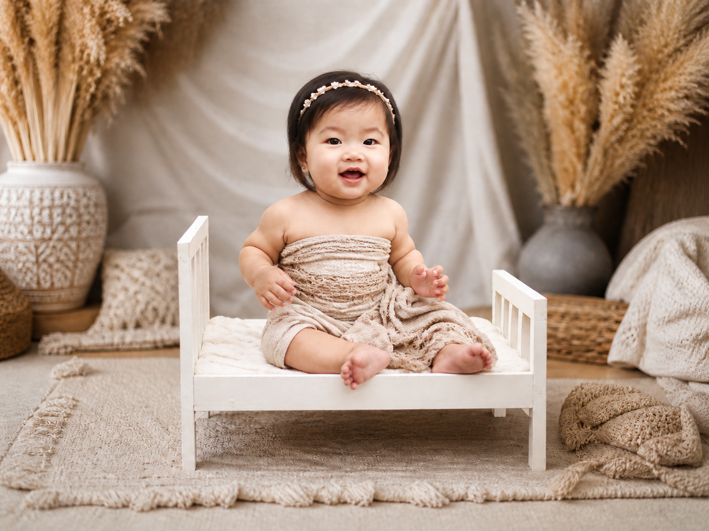 Rustic Bed - Straight Headboard - White boho themed photoshoot - Newborn Photography Props