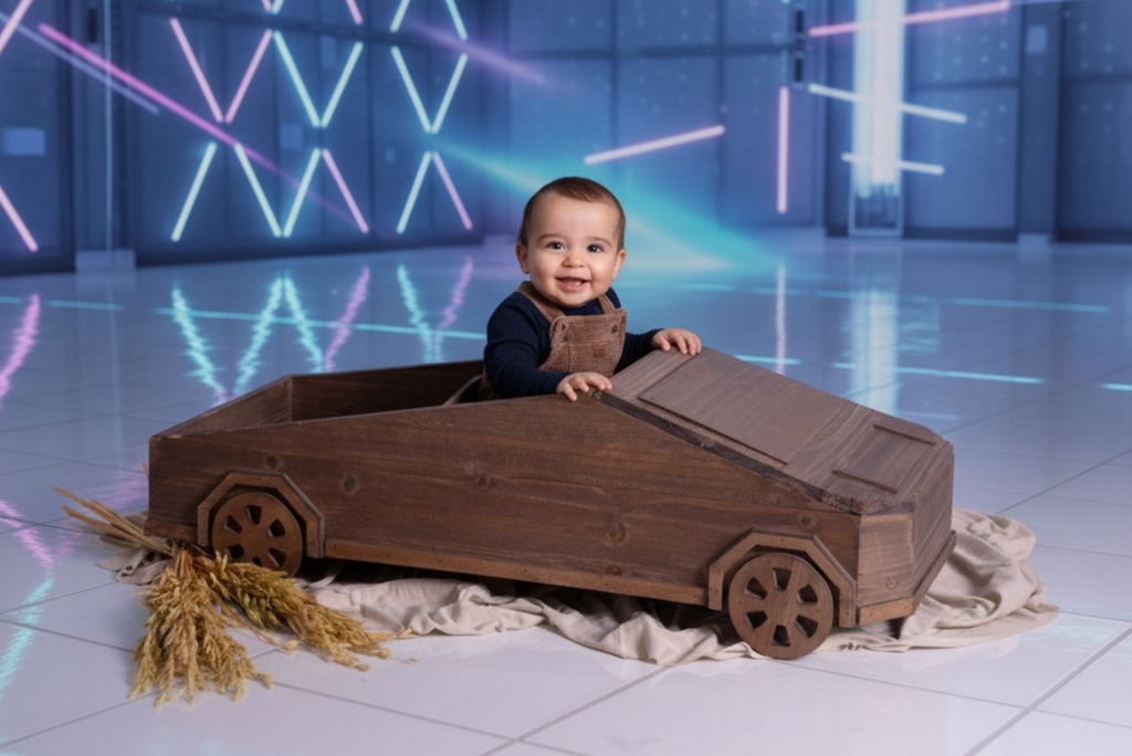 Smiling baby in wooden cyber truck newborn photography prop with neon lights and modern backdrop.