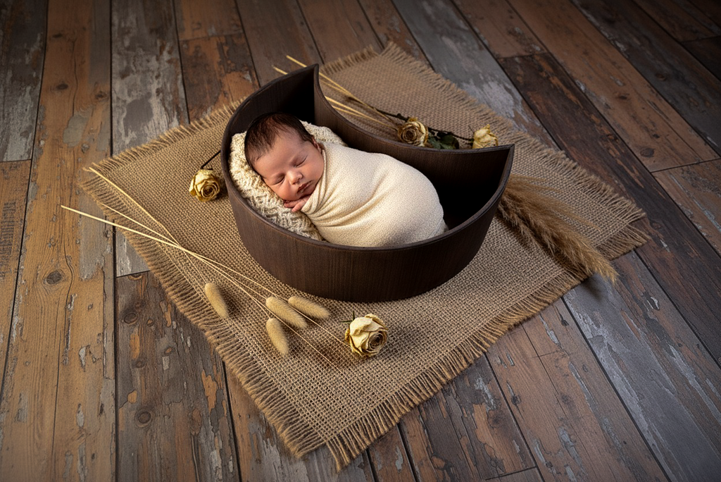 Newborn swaddled in cream wrap sleeping in a moon bowl newborn photography prop on rustic burlap.