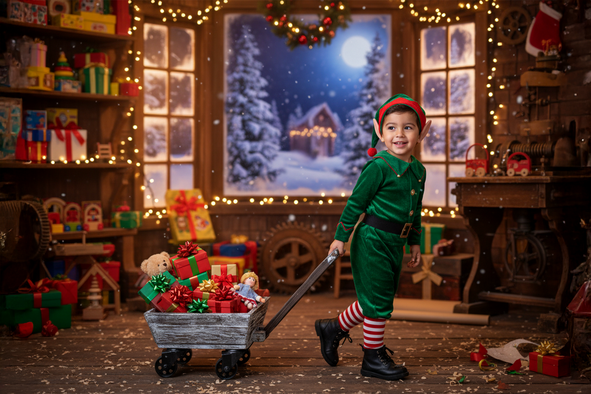 Toddler dressed as a Christmas elf pulling a rustic wagon cart baby photography prop filled with gifts.