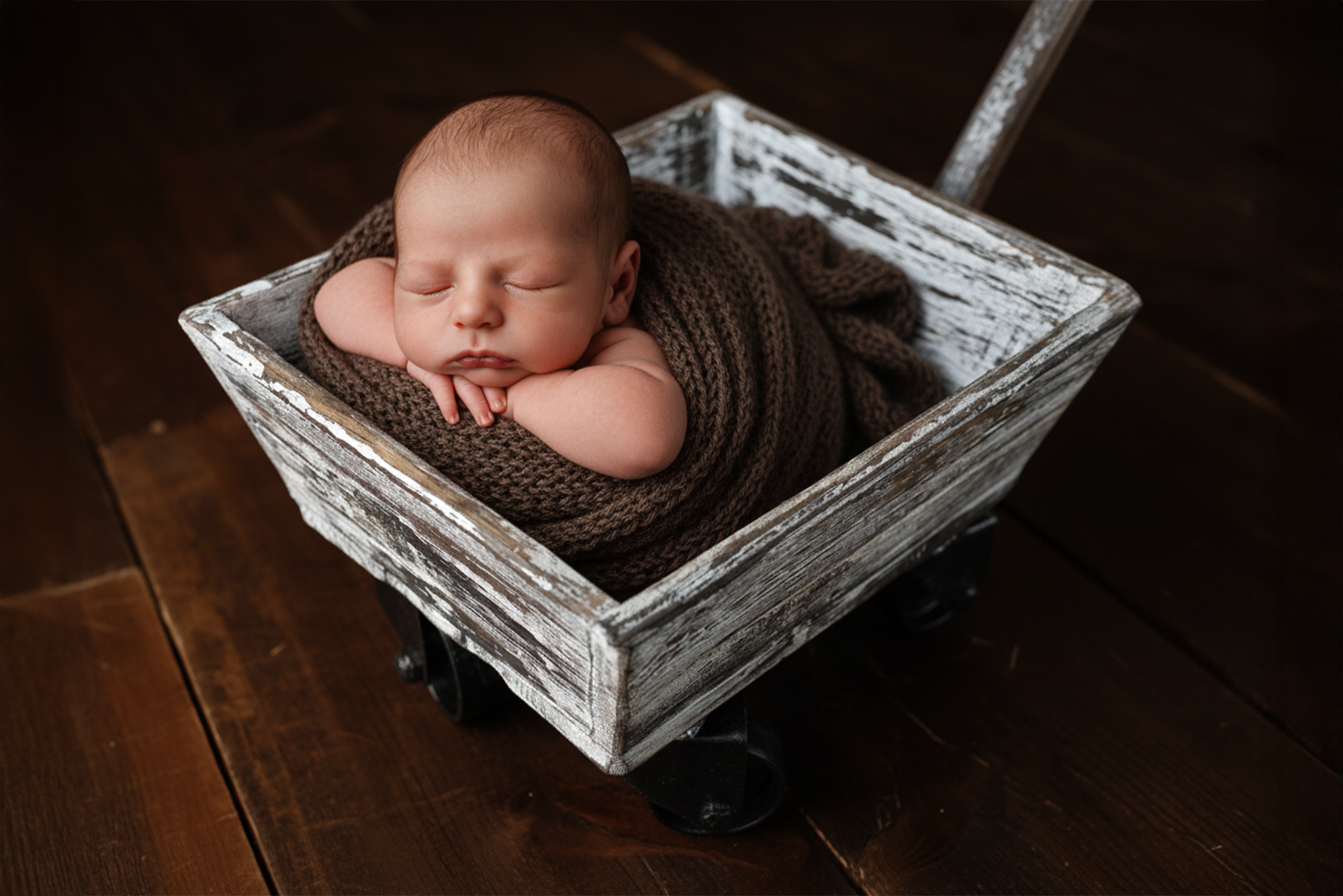 Sleeping newborn wrapped in a brown knit blanket, posed in a rustic wagon cart newborn photography prop.