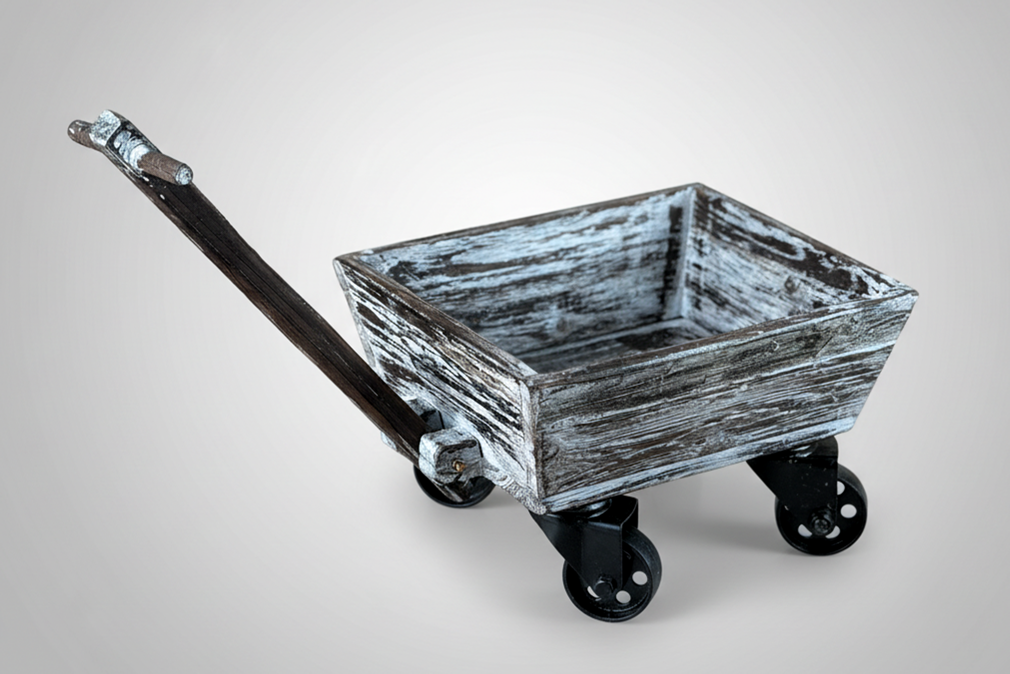 Full view of the rustic wagon cart with long handle and vintage wheels, styled as a newborn photography prop. Ideal for fall theme photoshoot
