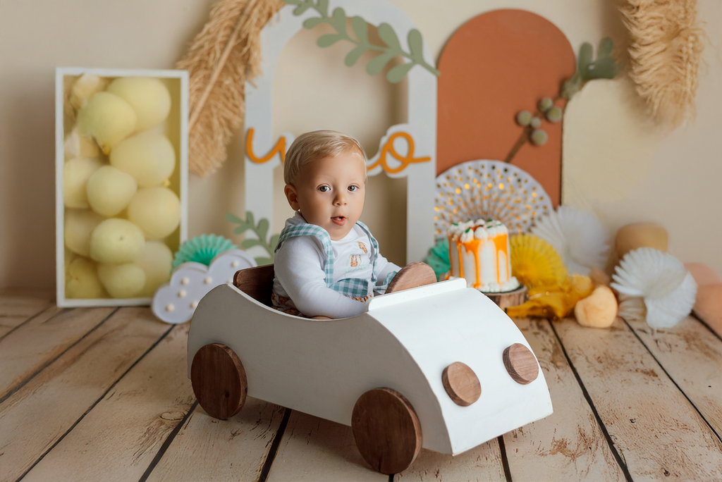 Baby in wooden car-shaped newborn photography prop, surrounded by cake and pastel birthday décor.