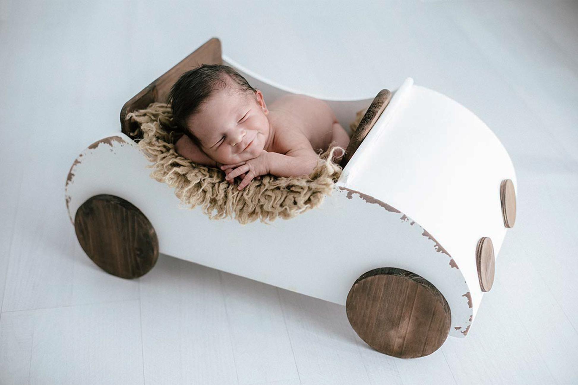 White Rustic Wooden Convertible Car for Newborn Photography by Newborn Studio Props