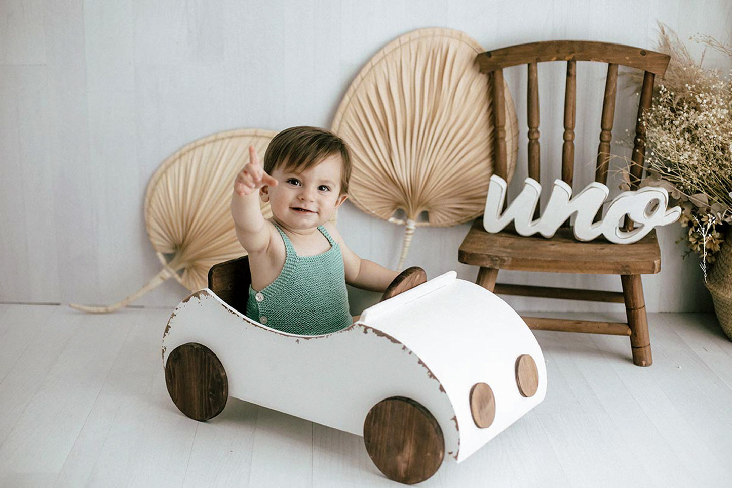 VW White Rustic Wooden Convertible Car for Newborn Photography by Newborn Studio Props