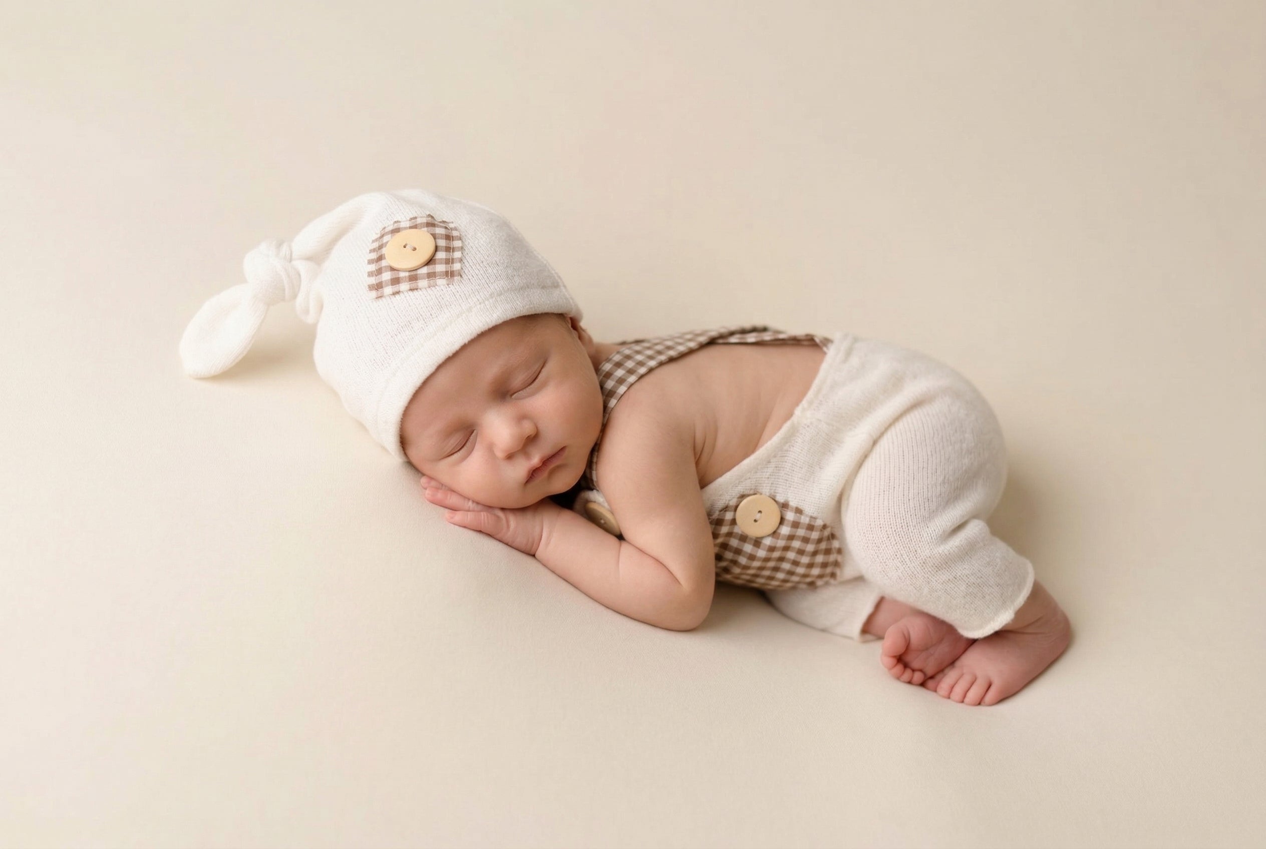 Newborn baby wearing a white hat and checkered outfit on a beige background