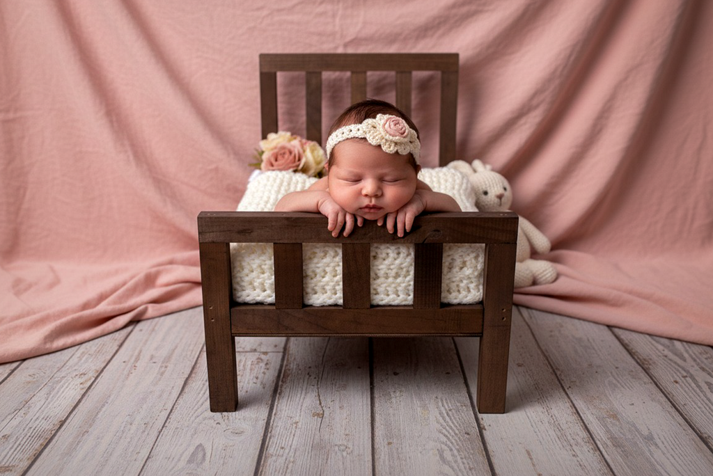 Newborn baby girl posed on a wooden prop bed with a pink backdrop, wearing a floral headband. Newborn photography photoshoot props.