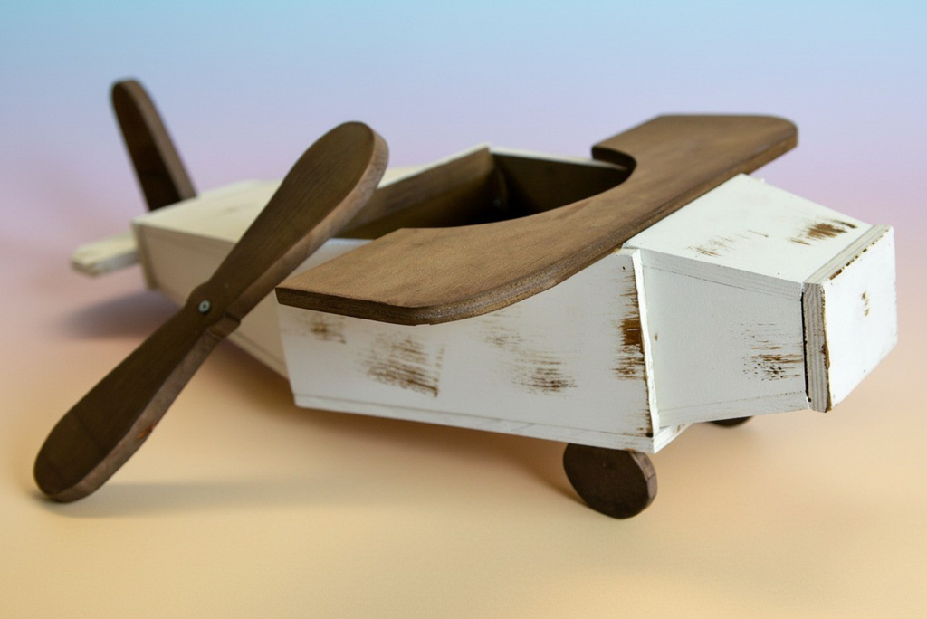 Rustic airplane newborn photography prop with spinning wooden propeller on weathered wooden floor.