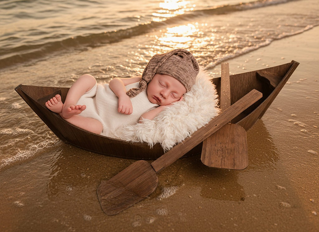 Newborn photography prop featuring a rustic wooden canoe with oars, nestled on soft sand at sunset.