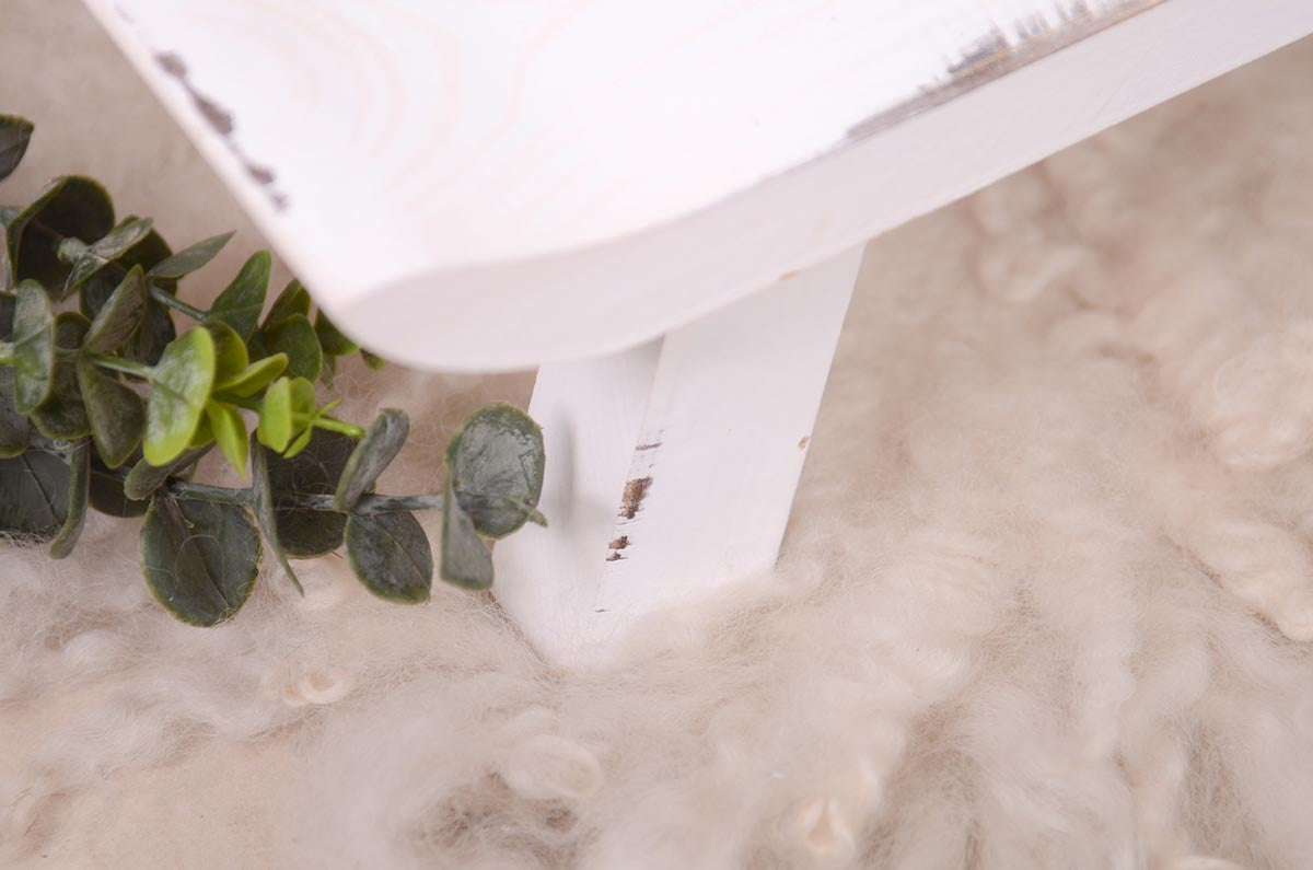Wide base white newborn prop chair with distressing on a fur rug and greenery. Closeup shot.