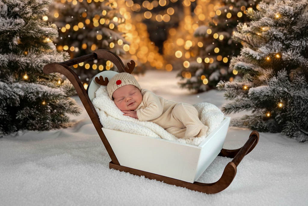 Newborn photography prop featuring a vintage sleigh with a baby in reindeer outfit, set in snowy woods.