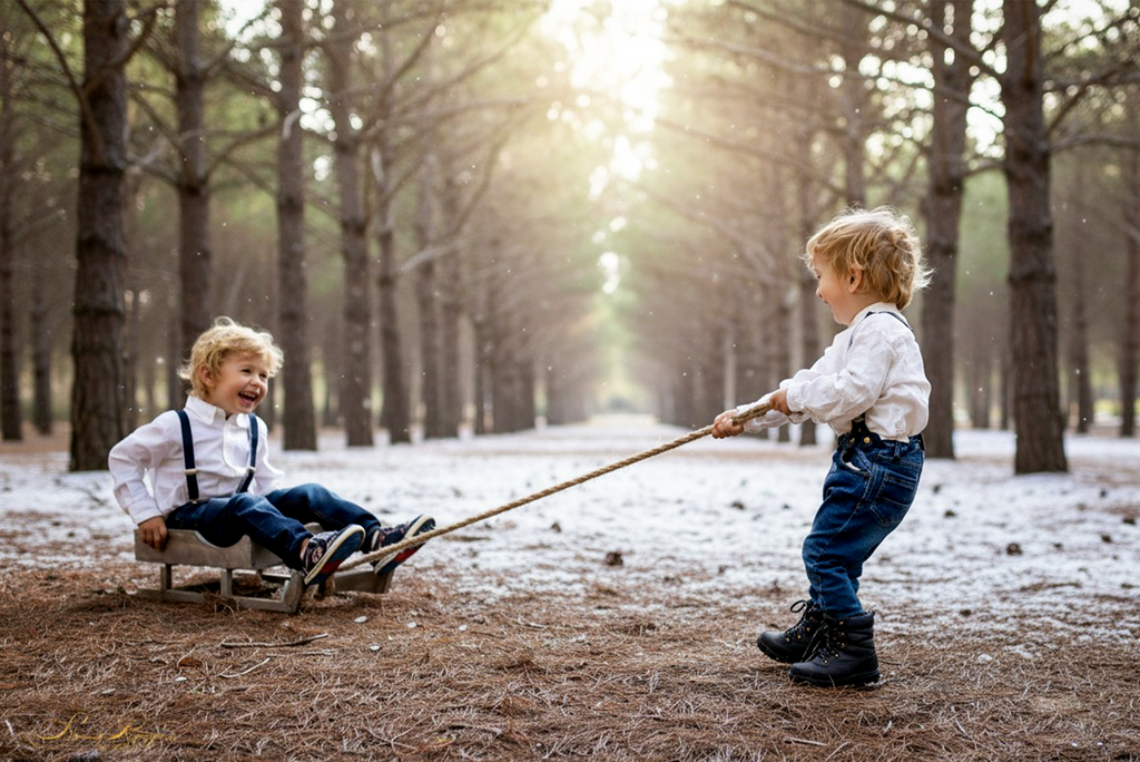 Two twin toddlers play in pine forest as one pulls the other on a wood sleigh, a charming kids photography prop.