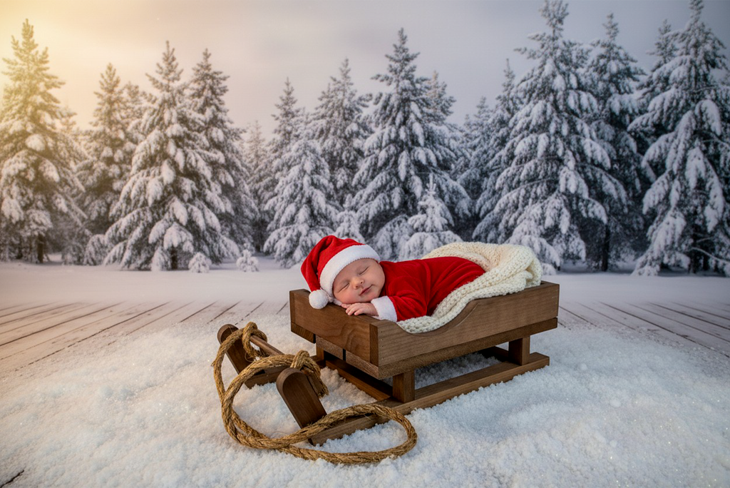 Newborn in Santa outfit sleeping on wooden sleigh newborn photography prop with snowy winter backdrop. Sleigh with rope handles.