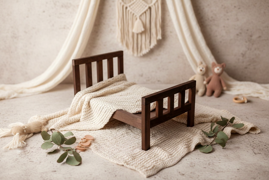 Newborn photography prop featuring a brown rustic bed with straight headboard, styled with cream knits and greenery in a boho theme.