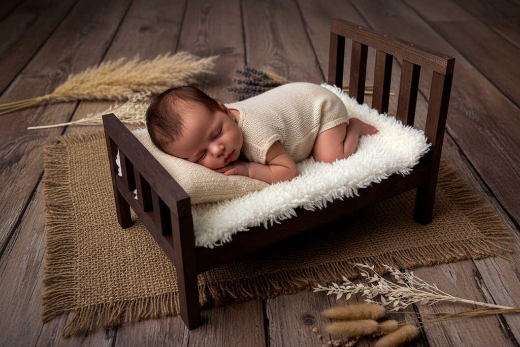 Newborn photography prop featuring a rustic brown bed with straight headboard on wood floor and burlap rug.