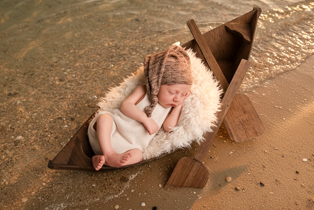 Newborn photography prop featuring a rustic wooden rowboat with fluffy bedding on a sandy shoreline.