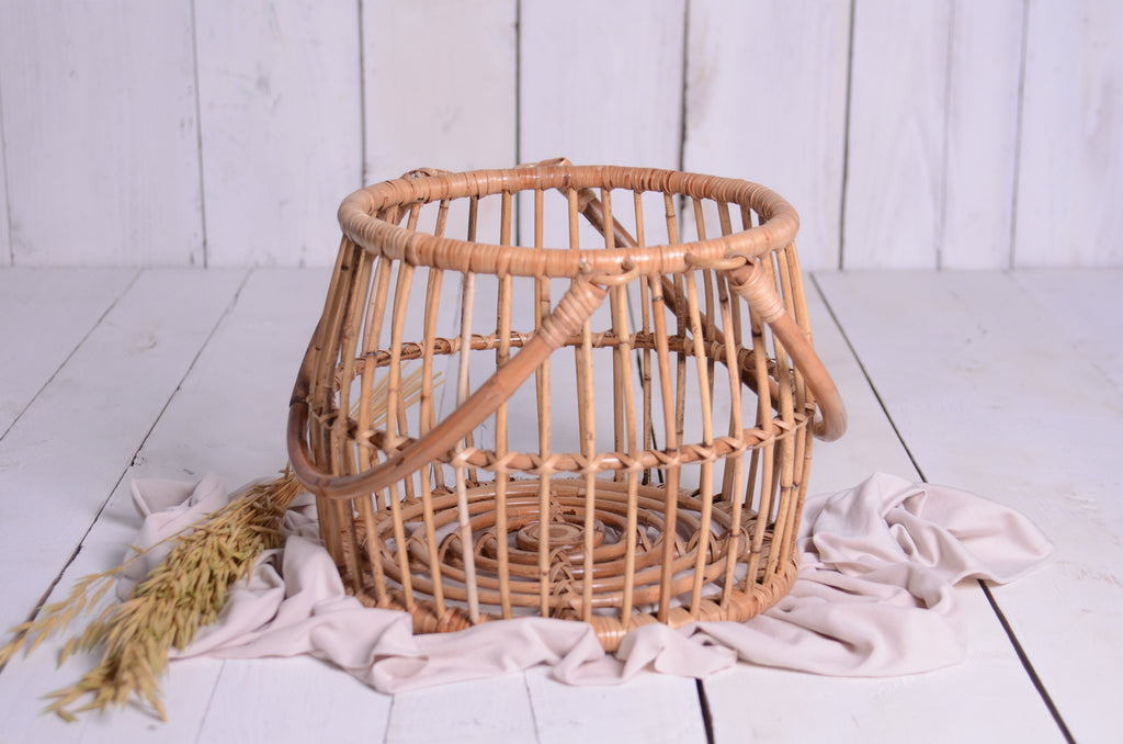 Rustic rattan basket used as a newborn photography prop, set on a soft beige fabric with dried wheat accents.