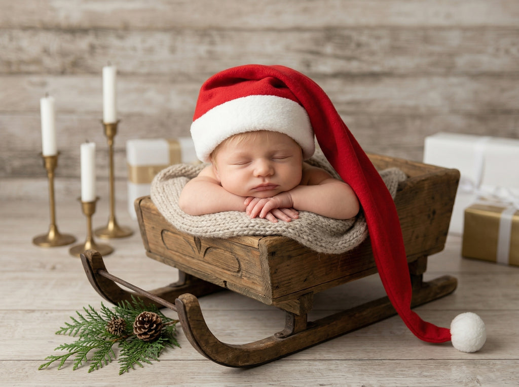 Sleeping newborn posed in a rustic wooden sleigh, wearing a long red Santa hat with white trim and pom-pom, surrounded by holiday gift boxes