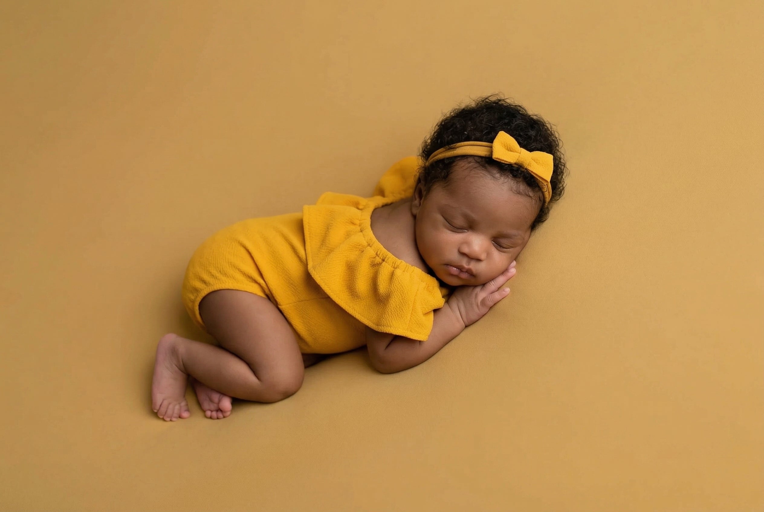 Newborn baby in a yellow outfit with a matching headband on a brown background