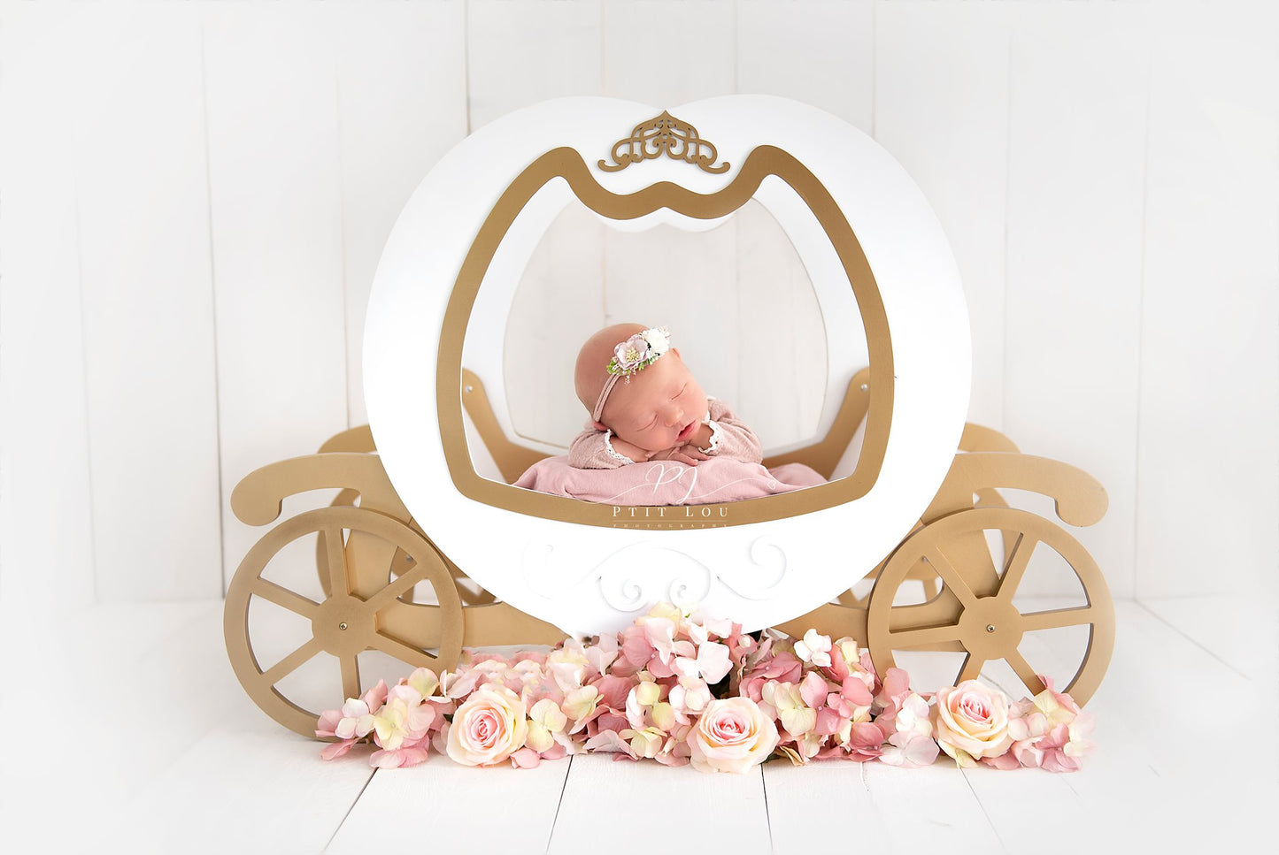 This princess carriage prop for newborn photography is perfect for any little princess OR prince! Add a few flower bundles and a simple backdrop or setup a lovely fantasy backdrop with pumpkins all around. This carriage is definitely the best prop to wow your clients.