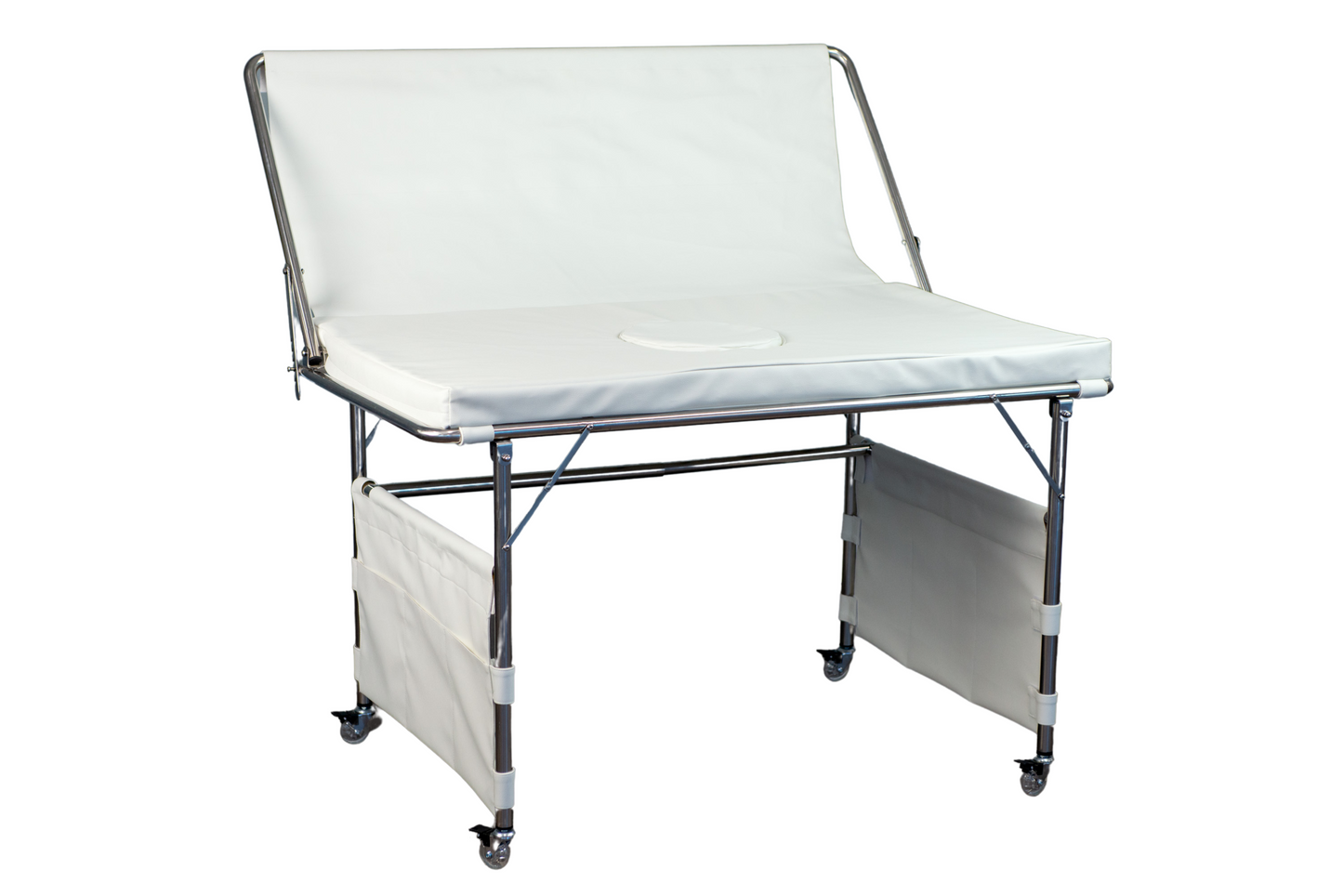 Stainless steel newborn photography posing table that folds flat for easy storage, ideal for baby photographers