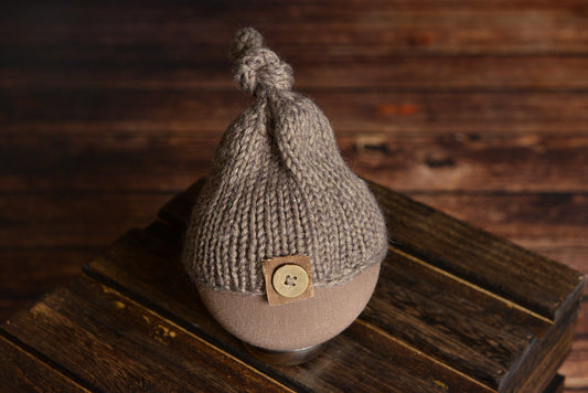 Crochet Hat with Knot and Button - Mink-Newborn Photography Props