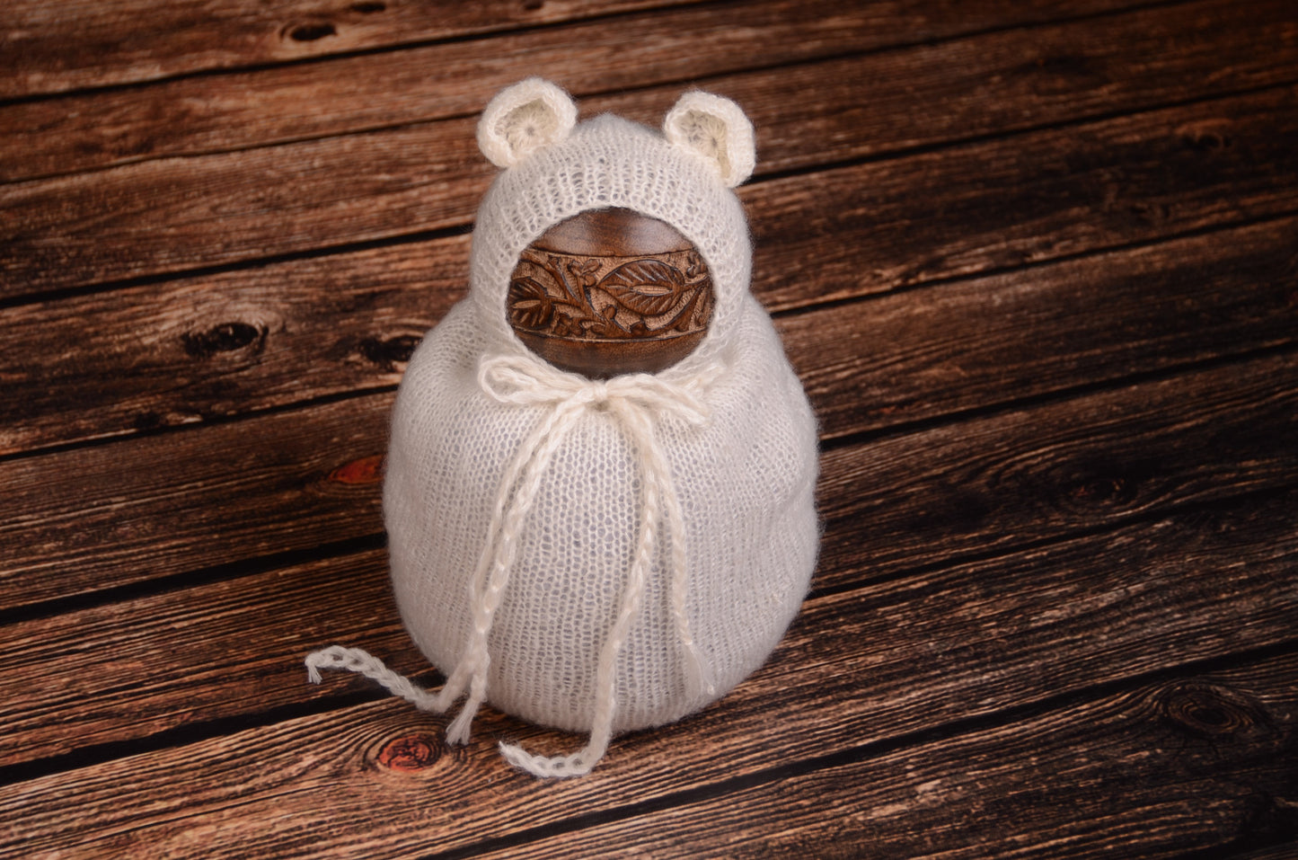 SET Mohair Bear Bonnet and Sack - White-Newborn Photography Props