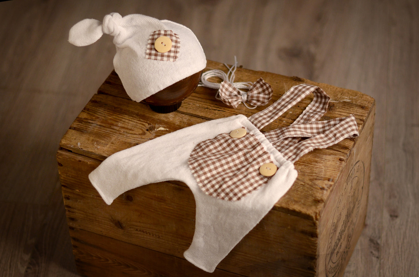 SET Dungarees 3-Piece Checkered Pattern-Newborn Photography Props