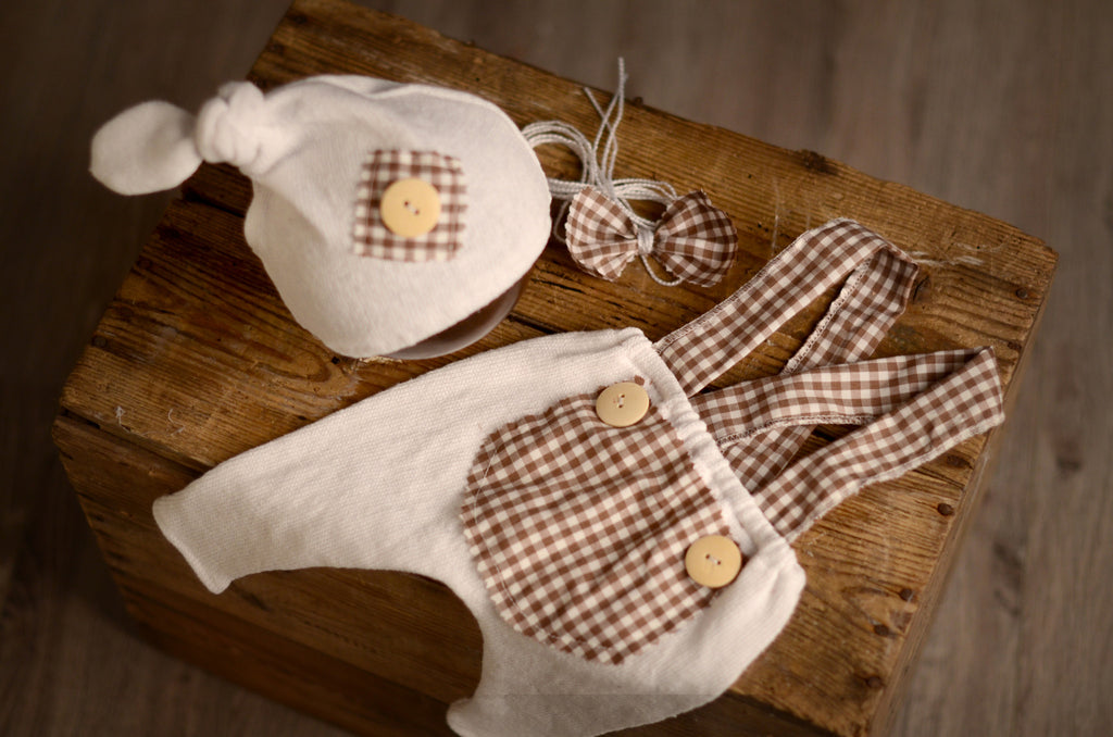 SET Dungarees 3-Piece Checkered Pattern-Newborn Photography Props