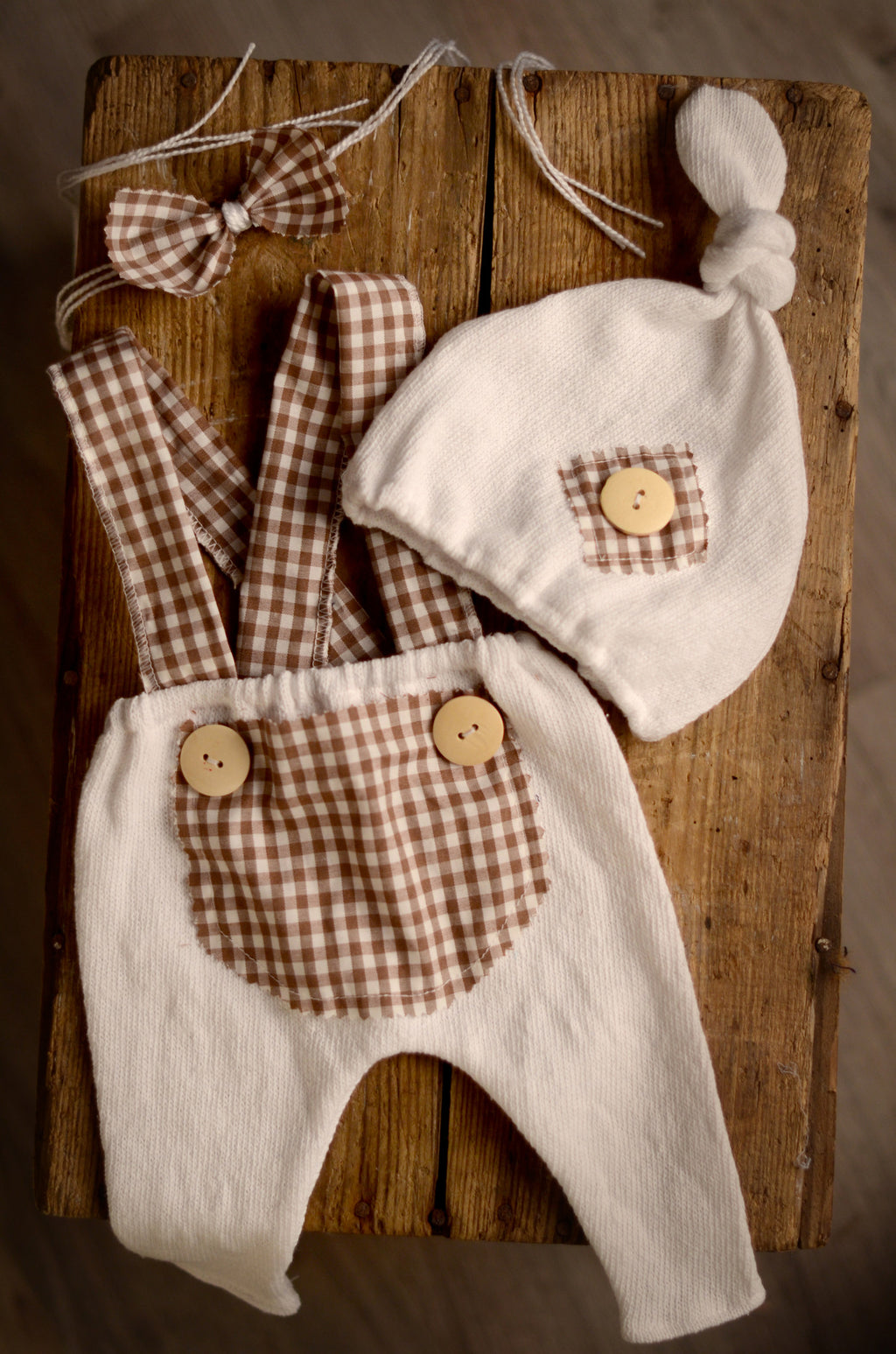 SET Dungarees 3-Piece Checkered Pattern-Newborn Photography Props