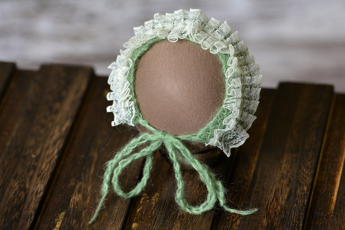 Mohair Bonnet with Lace - Sage-Newborn Photography Props