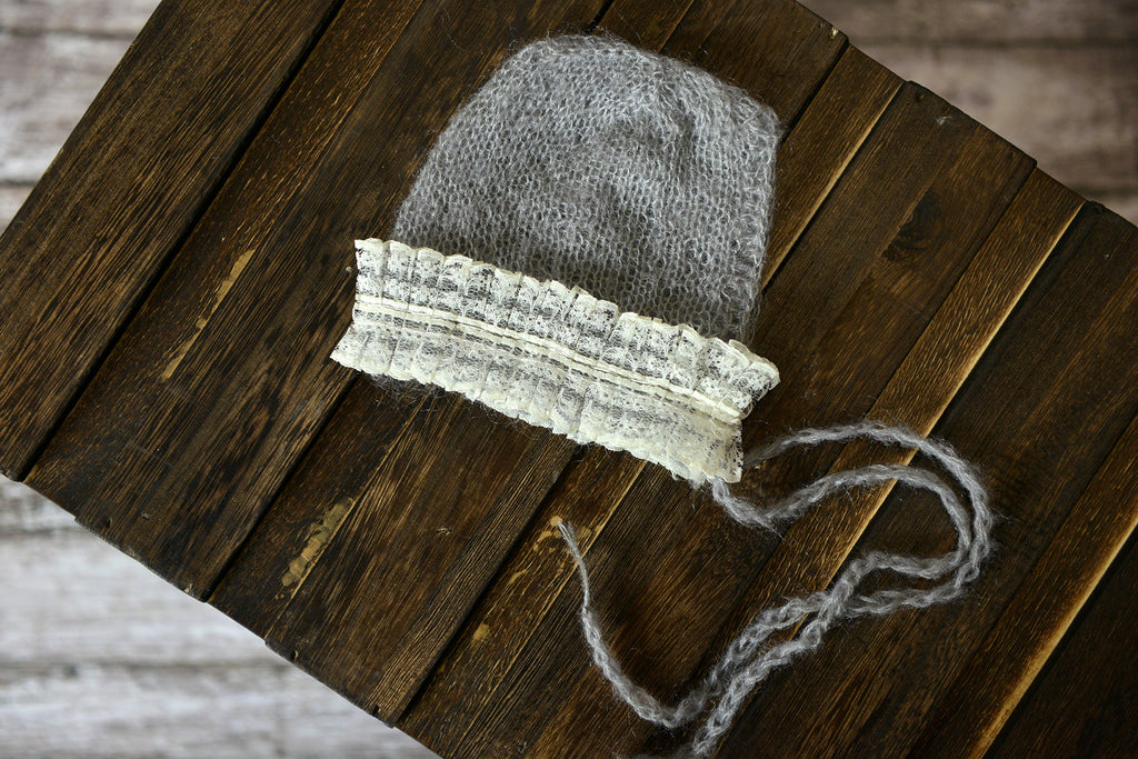 Mohair Bonnet with Lace - Silver-Newborn Photography Props