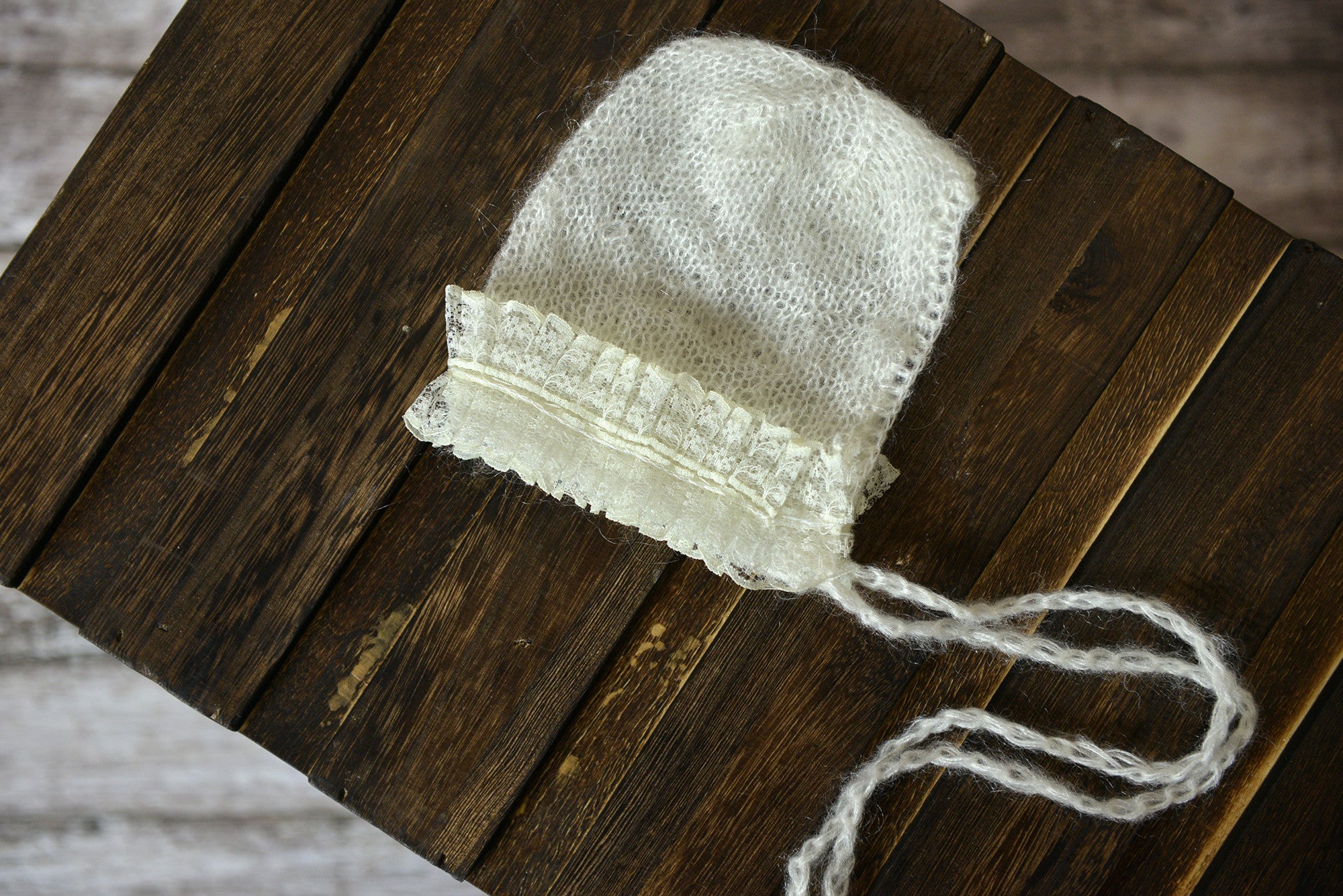 Mohair Bonnet with Lace - White-Newborn Photography Props