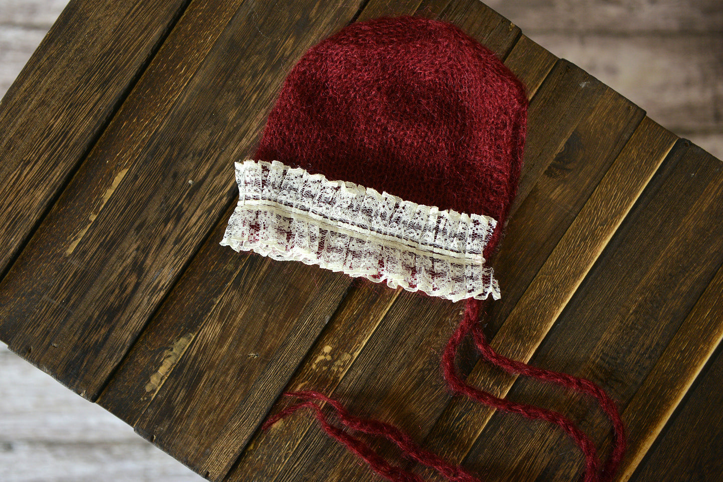Mohair Bonnet with Lace - Burgundy-Newborn Photography Props