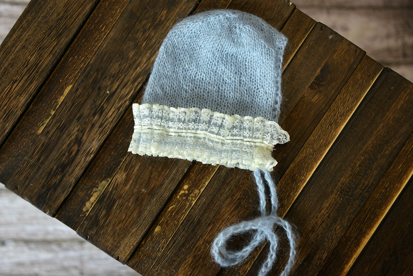 Mohair Bonnet with Lace - Cloud-Newborn Photography Props