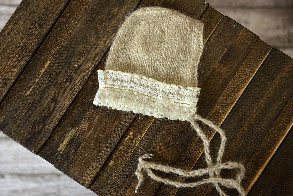 Mohair Bonnet with Lace - Beige-Newborn Photography Props