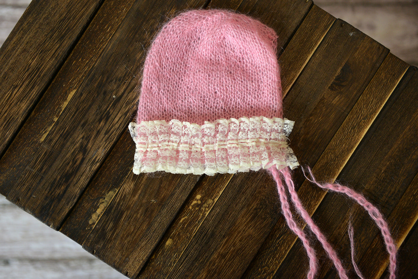Mohair Bonnet with Lace - Light Pink-Newborn Photography Props