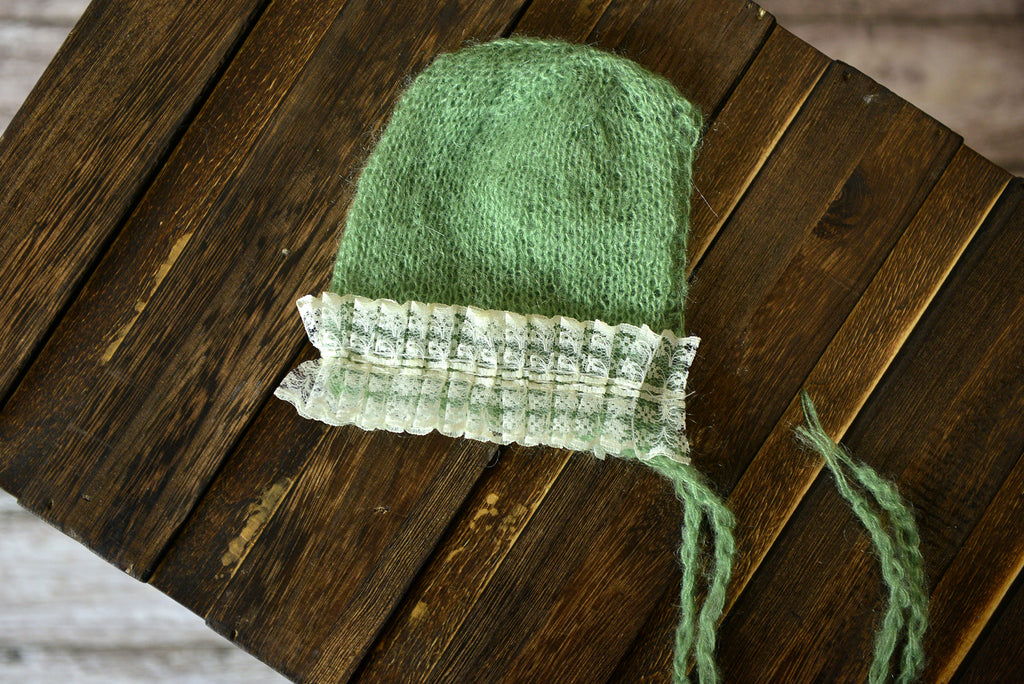 Mohair Bonnet with Lace - Sage-Newborn Photography Props