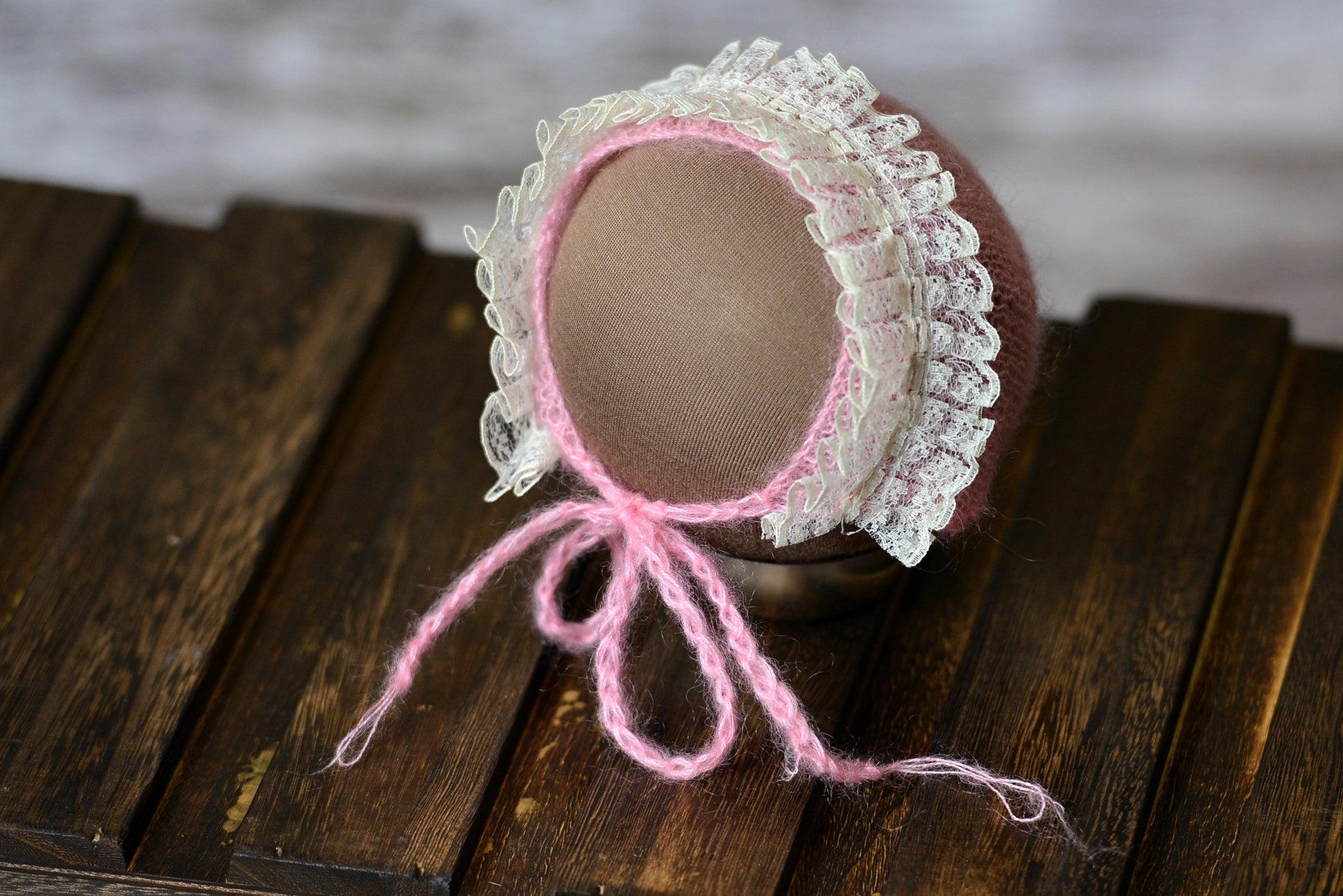 Mohair Bonnet with Lace - Light Pink-Newborn Photography Props