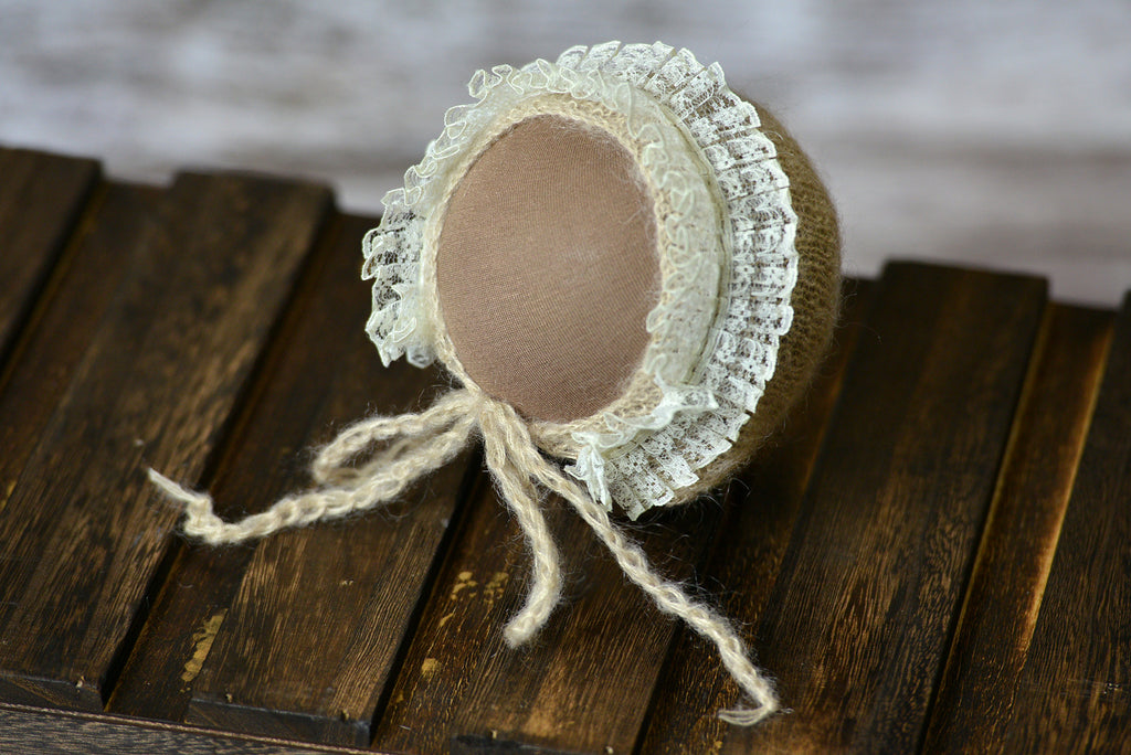 Mohair Bonnet with Lace - Beige-Newborn Photography Props