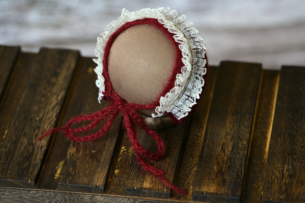 Mohair Bonnet with Lace - Burgundy-Newborn Photography Props