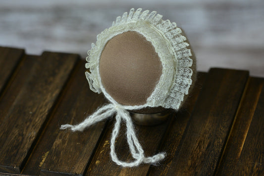 Mohair Bonnet with Lace - White-Newborn Photography Props