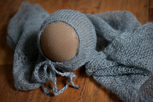 SET Mohair Knit Baby Wrap and Bonnet - Gray-Newborn Photography Props