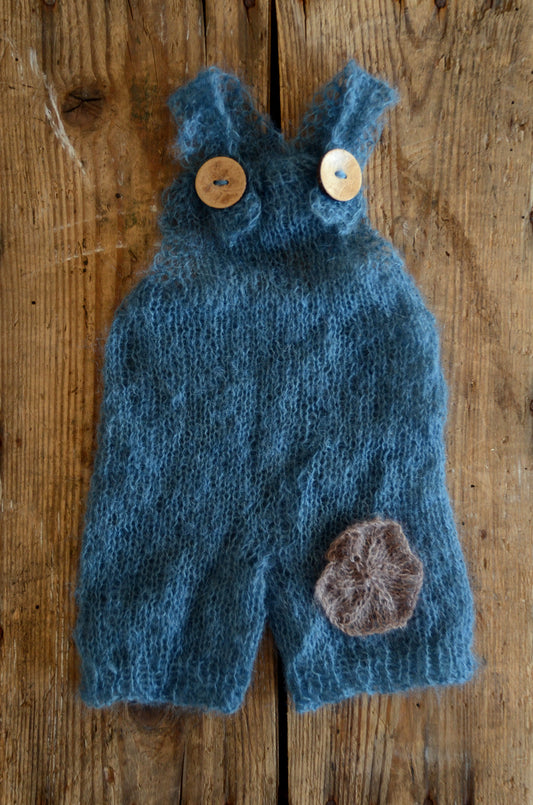 Mohair Overall with Patch and Buttons - Steel Blue-Newborn Photography Props
