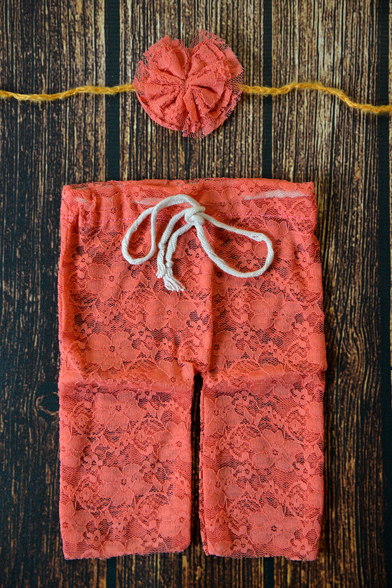 SET Lace Pants and Headband - Coral-Newborn Photography Props