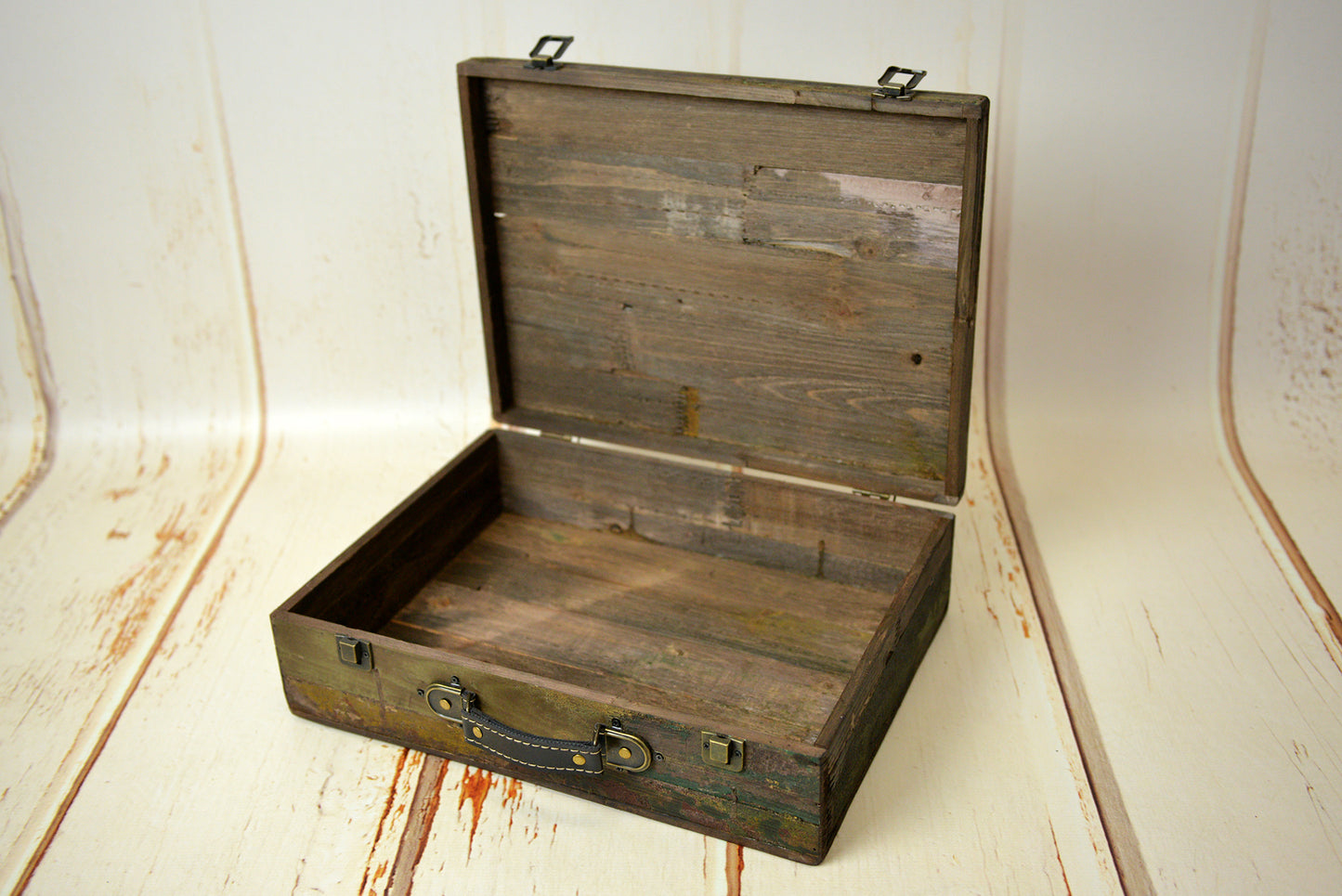 Rustic dark wood suitcase for newborn photography, made from reclaimed wood with distressed finish, perfect for vintage-inspired photo sessions at Newborn Studio Props